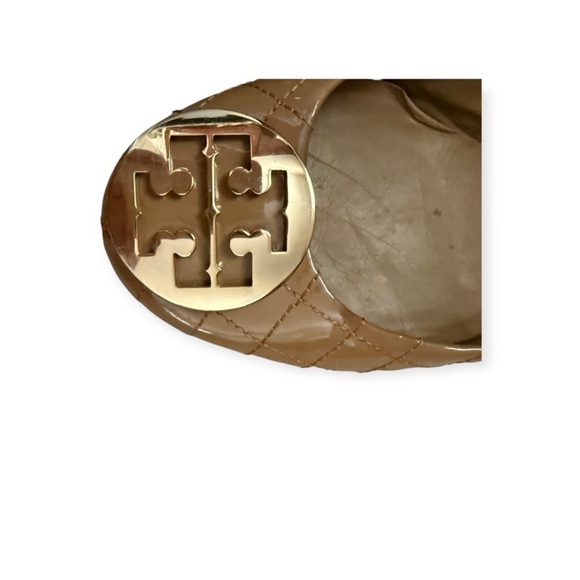 Tory Burch Quilted Tan Leather Logo Ballet Flats with Gold Emblem - Picture 4 of 4